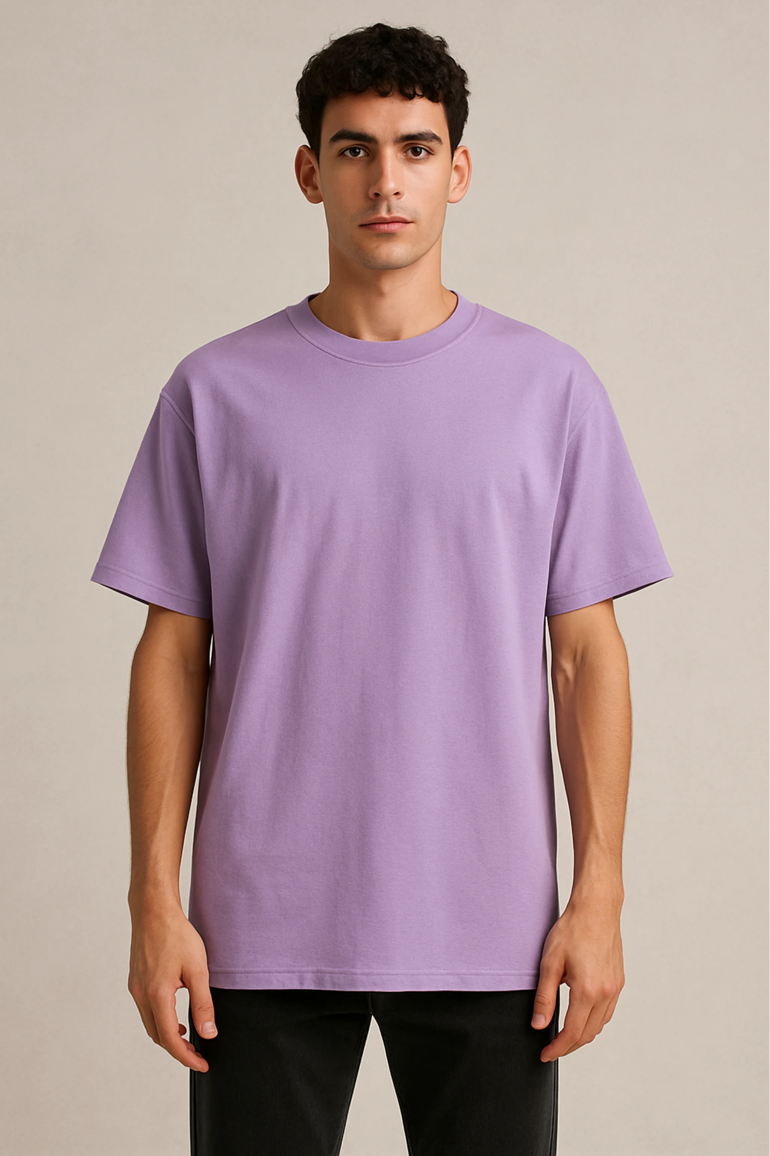Resillie8 Lavender Men’s Oversized T-shirt featuring a relaxed fit with dropped shoulders, ribbed crew neckline, and straight-cut hem. Made from a soft cotton-polyester blend for breathable comfort and effortless casual style.