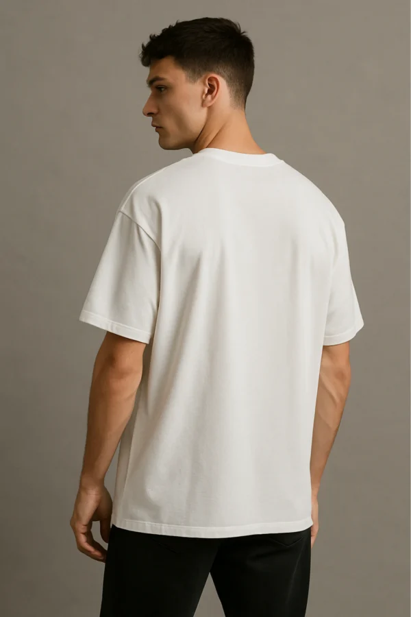 Resillie8 White Men’s Oversized T-shirt featuring a relaxed fit, ribbed neckline, dropped shoulders, and straight-cut hem, made from a soft cotton-polyester blend for ultimate comfort and casual style.