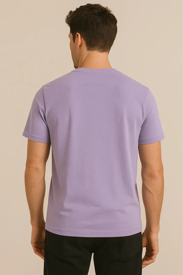 Resillie8 Lavender Men’s Regular Fit T-shirt displayed front-facing on a model. The t-shirt features a soft cotton-polyester blend fabric with a smooth finish, ribbed crew neckline, short sleeves, and a straight-cut hem. Designed for comfort and everyday wear with a modern, minimalist look in a calming lavender shade.