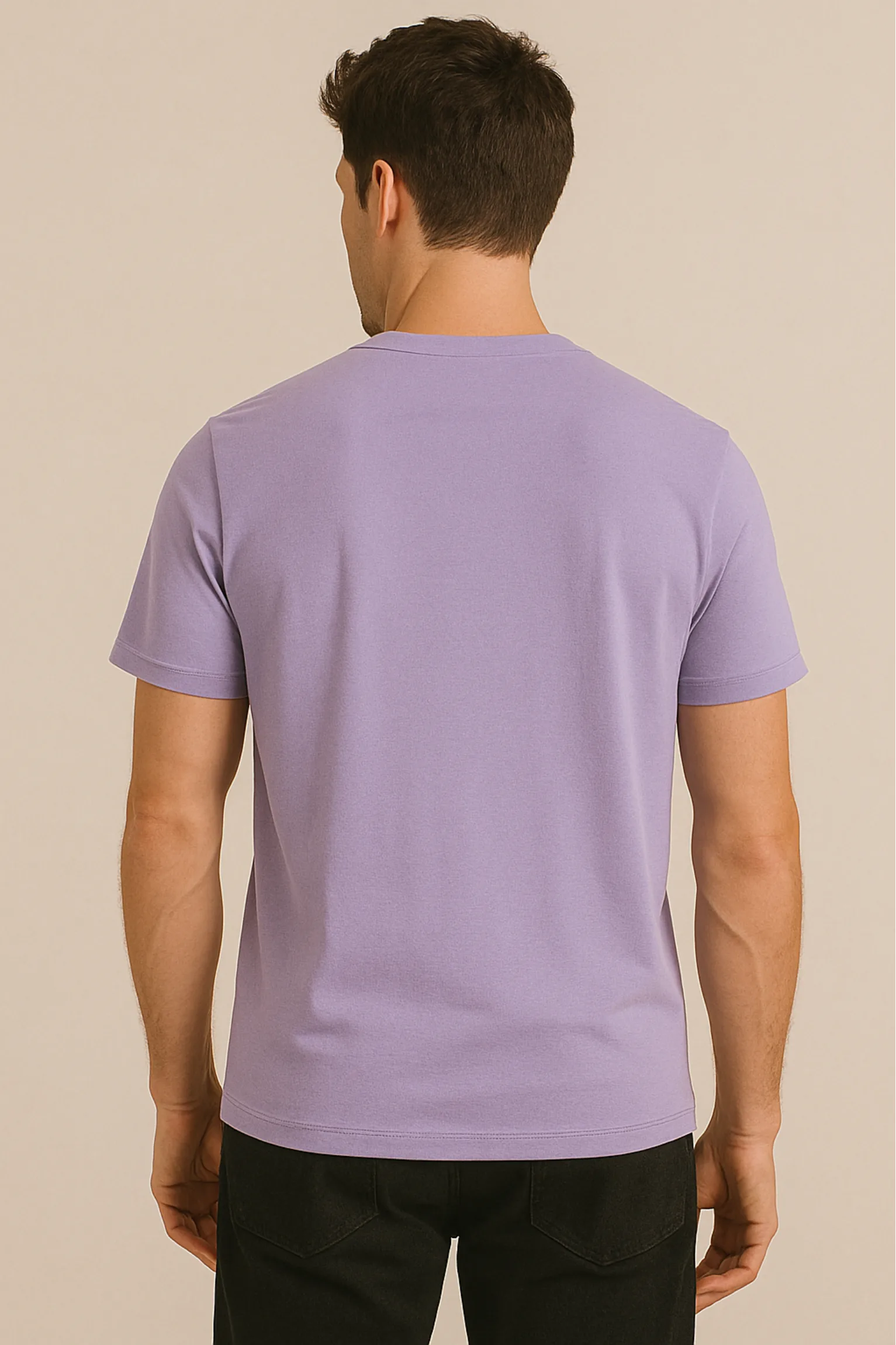 Resillie8 Lavender Men’s Regular Fit T-shirt displayed front-facing on a model. The t-shirt features a soft cotton-polyester blend fabric with a smooth finish, ribbed crew neckline, short sleeves, and a straight-cut hem. Designed for comfort and everyday wear with a modern, minimalist look in a calming lavender shade.
