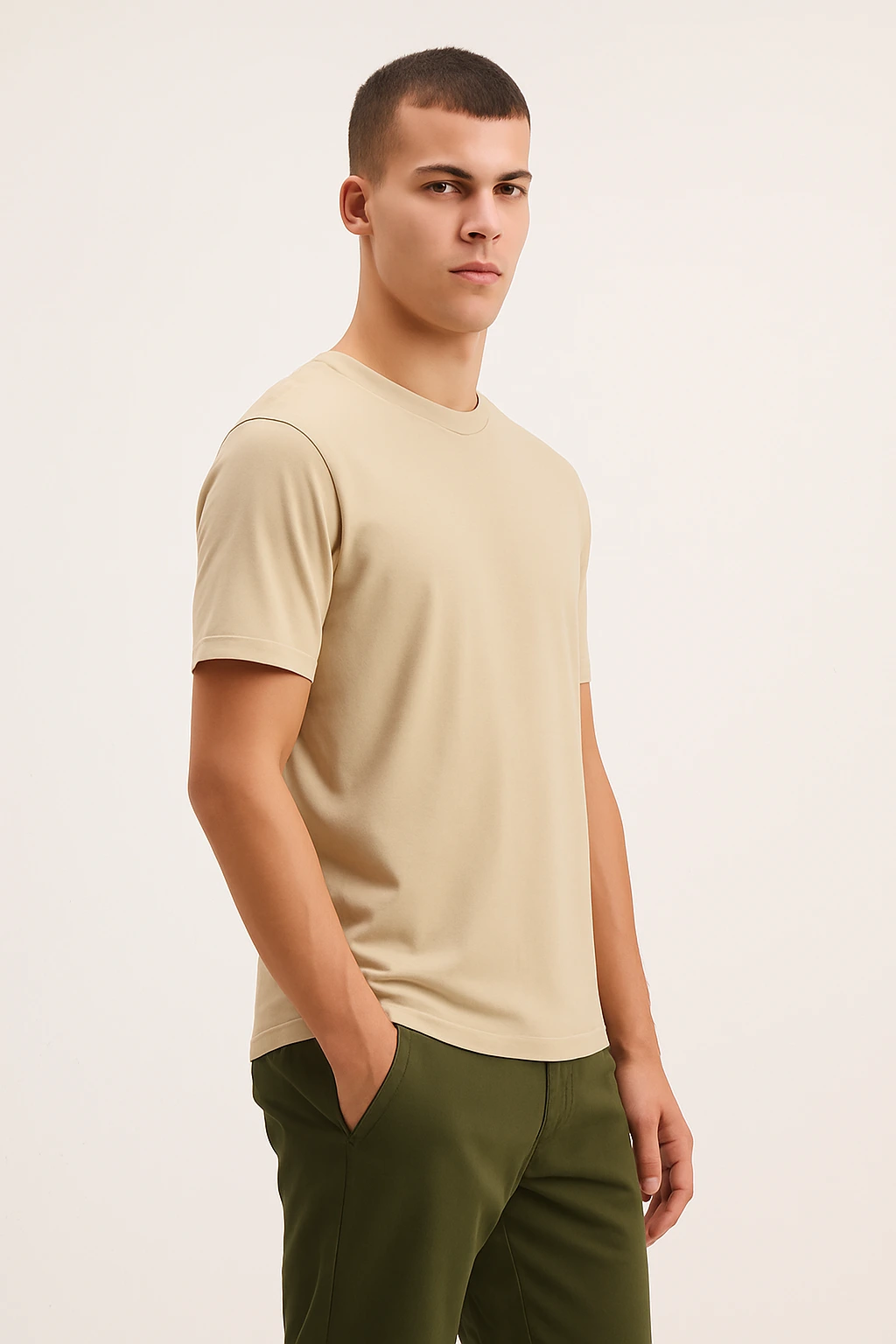 Resillie8 Beige Men Regular Fit T-Shirt featuring a soft cotton-polyester blend, ribbed neckline, straight-cut hem, and a flattering silhouette in a neutral beige tone for everyday comfort and style.