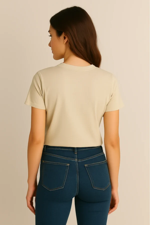 Resillie8 Beige Women’s Regular Fit T-Shirt featuring a soft cotton-polyester blend, ribbed neckline, straight-cut hem, and a flattering silhouette in a neutral beige tone for everyday comfort and style.