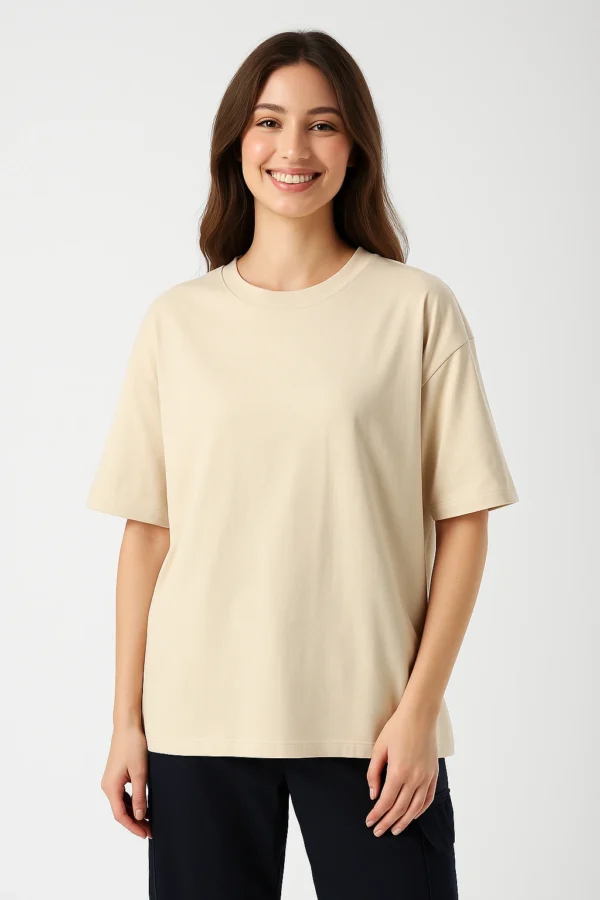 Resillie8 Beige Women’s Regular Fit T-Shirt featuring a soft cotton-polyester blend, ribbed neckline, straight-cut hem, and a flattering silhouette in a neutral beige tone for everyday comfort and style.