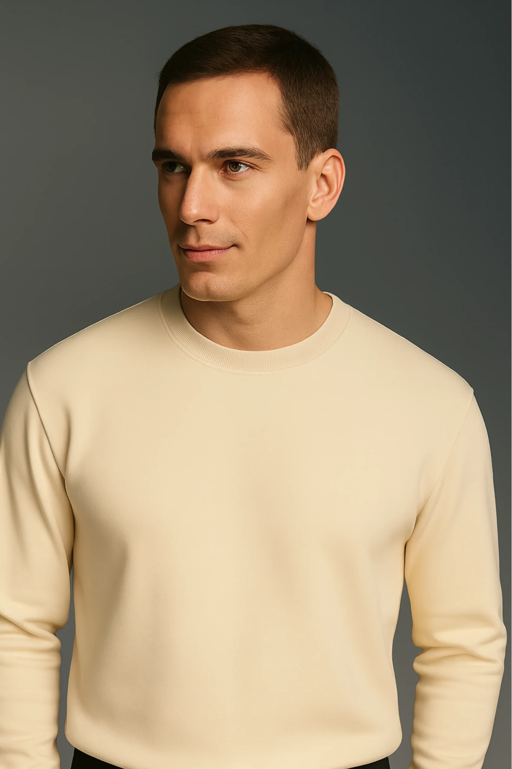 Beige sweatshirt crafted from premium poly-cotton 3-thread fleece fabric with long sleeves, soft brushed interior, and regular fit