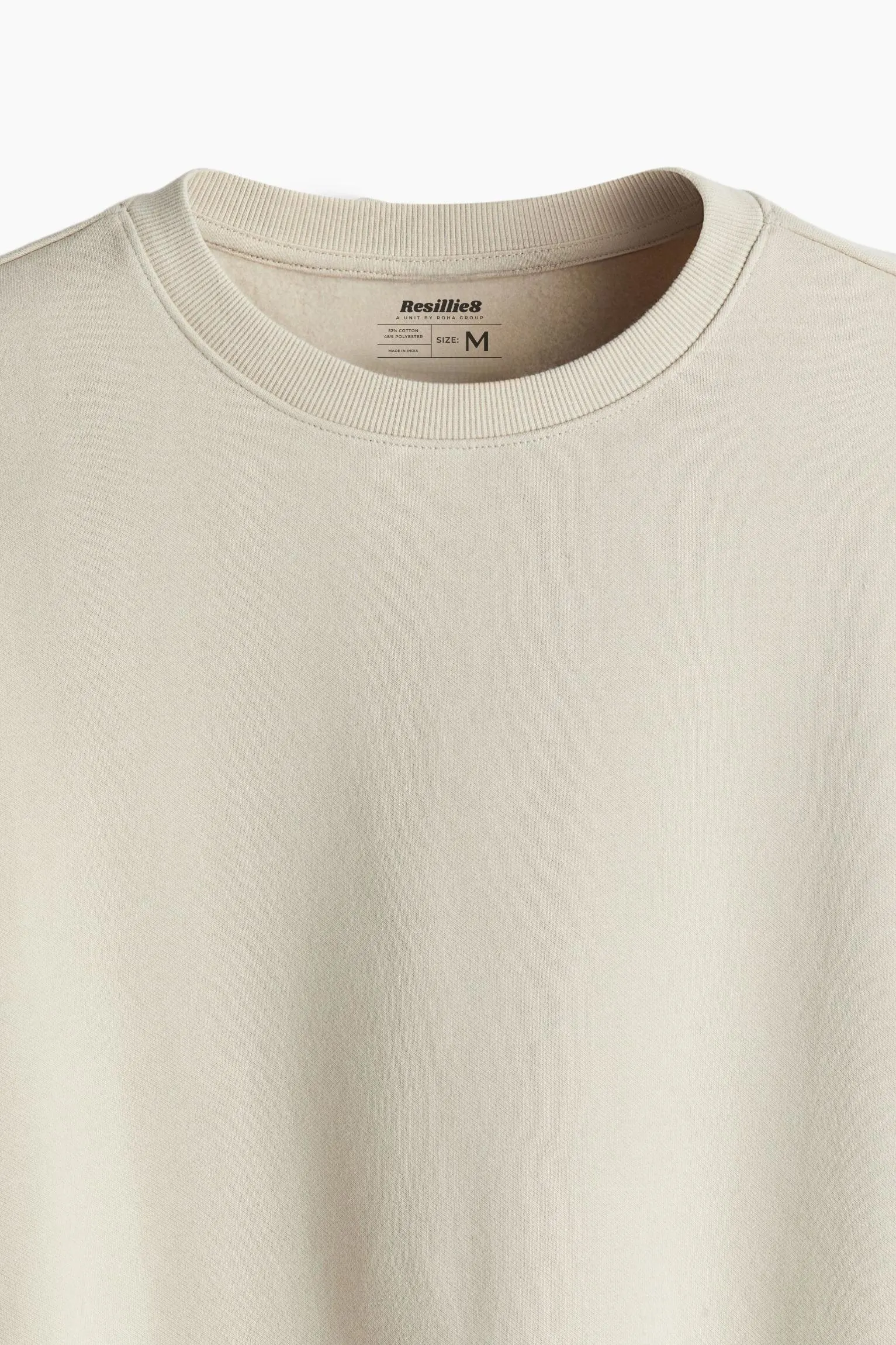 Beige sweatshirt crafted from premium poly-cotton 3-thread fleece fabric with long sleeves, soft brushed interior, and regular fit