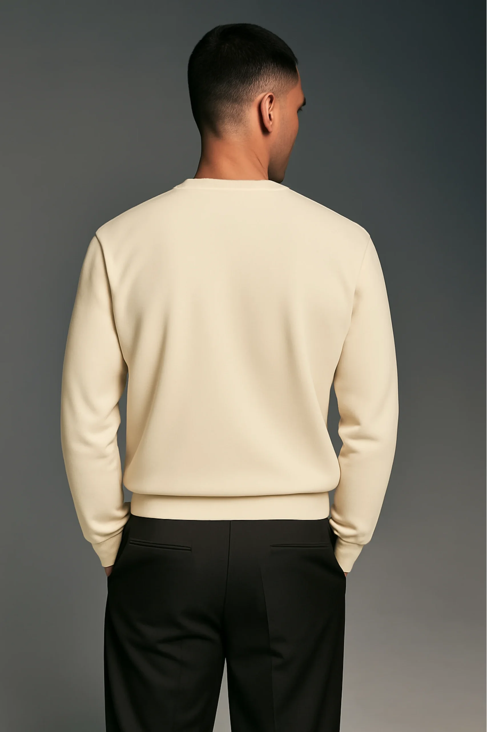 Beige sweatshirt crafted from premium poly-cotton 3-thread fleece fabric with long sleeves, soft brushed interior, and regular fit