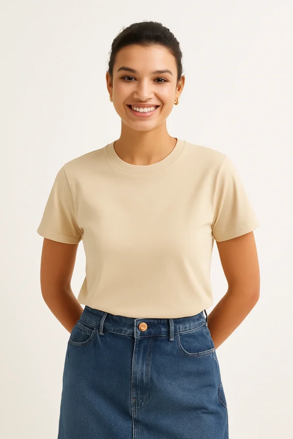 Resillie8 Beige Women’s Regular Fit T-Shirt featuring a soft cotton-polyester blend, ribbed neckline, straight-cut hem, and a flattering silhouette in a neutral beige tone for everyday comfort and style.