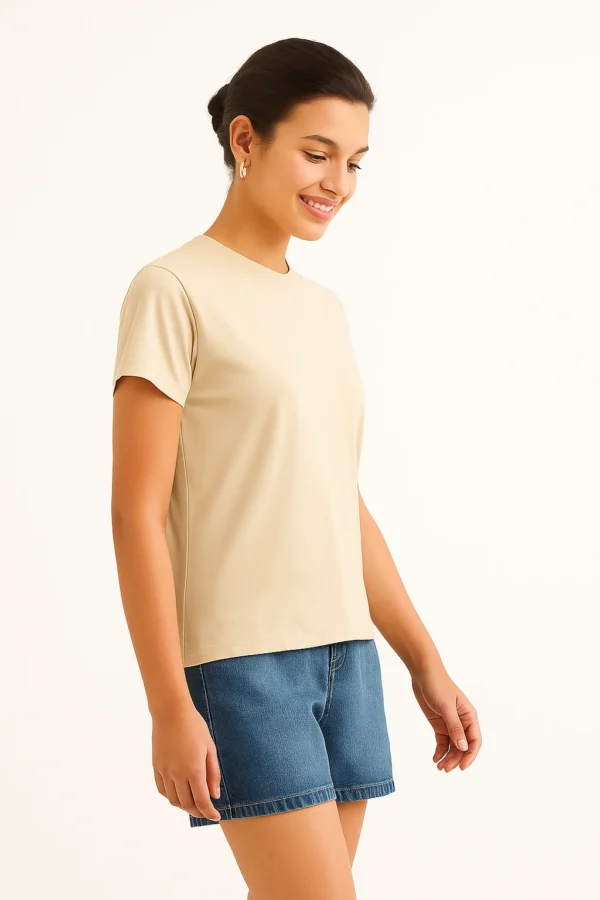 Resillie8 Beige Women’s Regular Fit T-Shirt featuring a soft cotton-polyester blend, ribbed neckline, straight-cut hem, and a flattering silhouette in a neutral beige tone for everyday comfort and style.