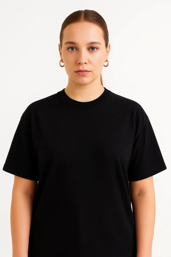 Resillie8 Black Women Oversized T-shirt featuring a relaxed fit, dropped shoulders, ribbed neckline, and straight-cut hem, made from a soft cotton-polyester blend for all-day comfort and effortless style.