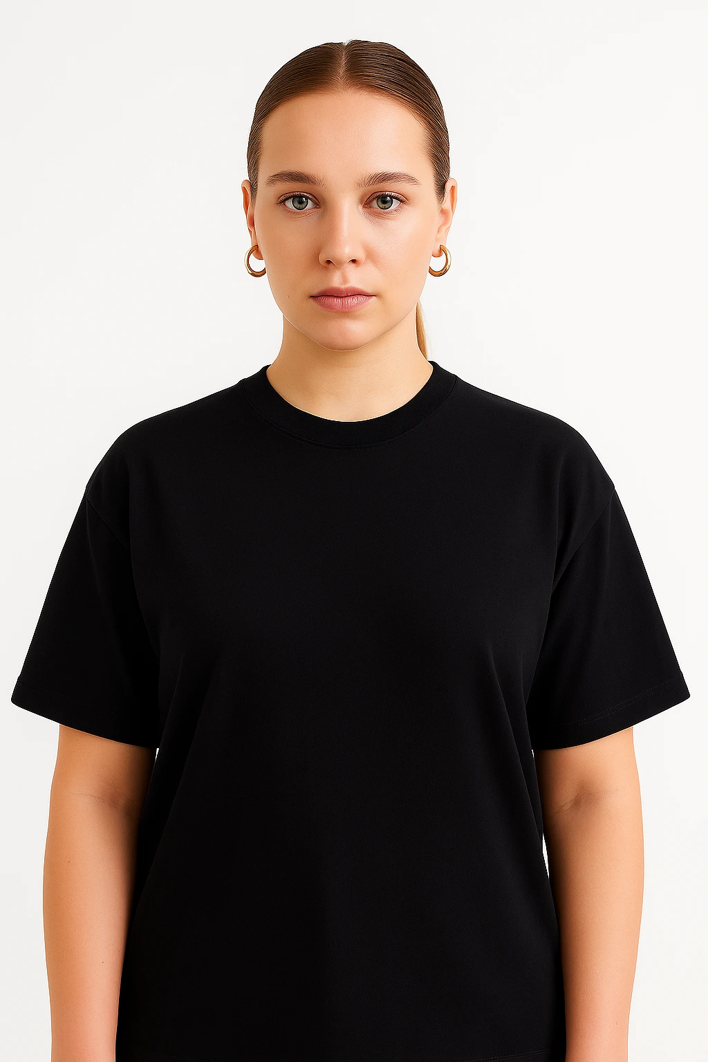 Resillie8 Black Women Oversized T-shirt featuring a relaxed fit, dropped shoulders, ribbed neckline, and straight-cut hem, made from a soft cotton-polyester blend for all-day comfort and effortless style.