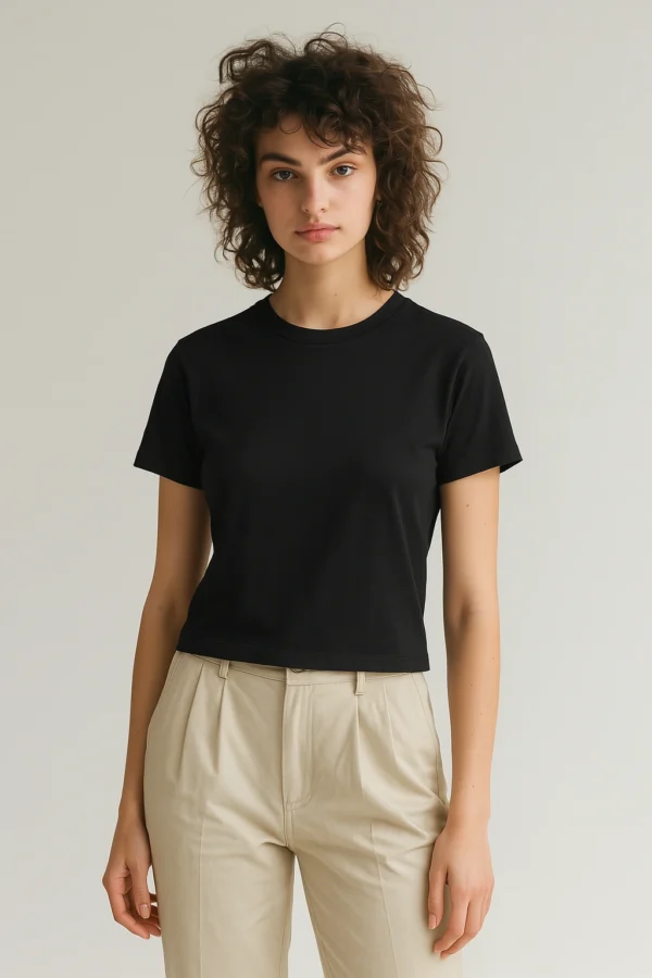 Resillie8 Black Women Regular Fit T-shirt featuring a classic crew neck, straight hem, and relaxed fit, crafted from a soft cotton-polyester blend for breathable comfort, wrinkle resistance, and everyday durability.