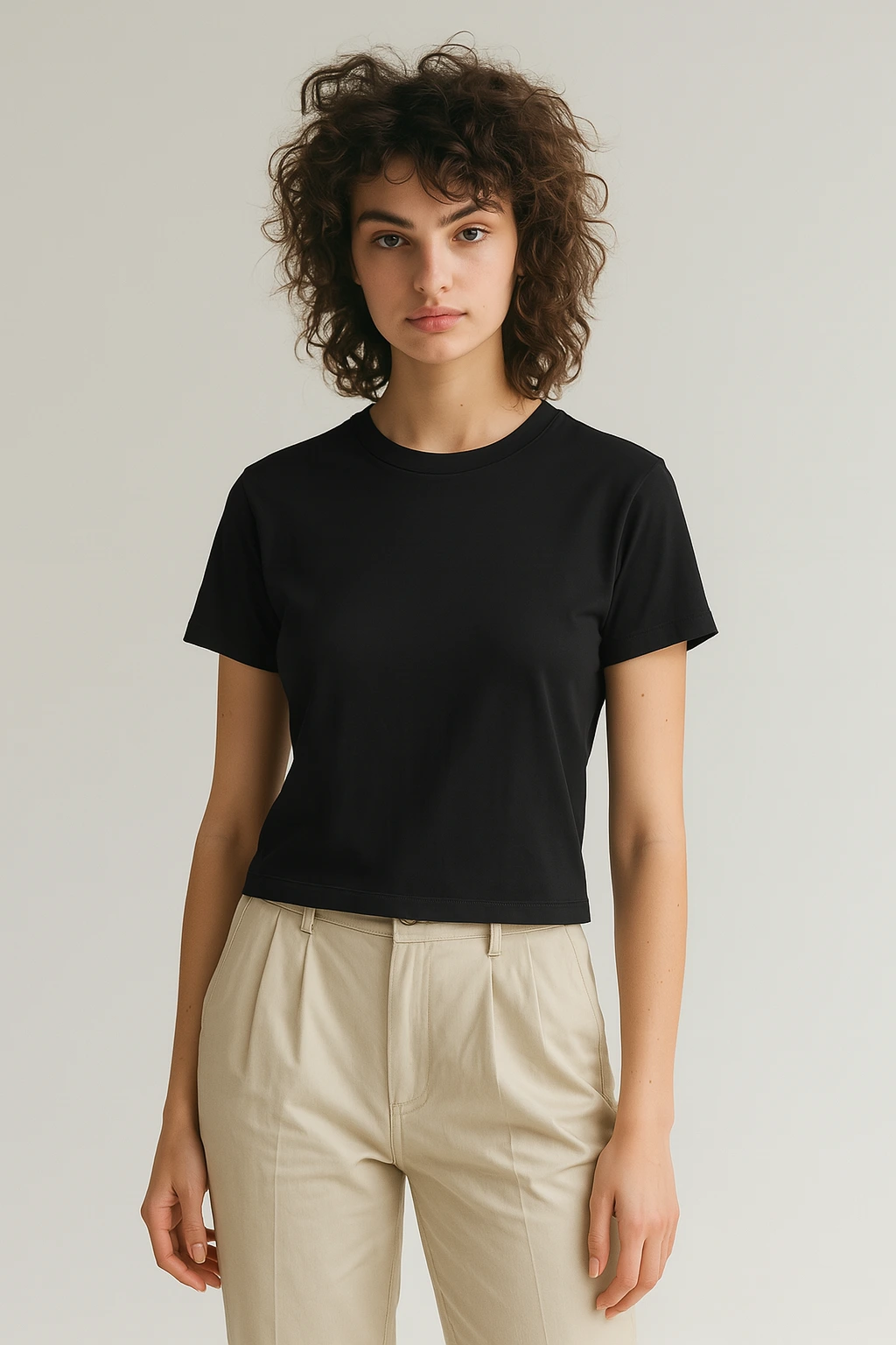 Resillie8 Black Women Regular Fit T-shirt featuring a classic crew neck, straight hem, and relaxed fit, crafted from a soft cotton-polyester blend for breathable comfort, wrinkle resistance, and everyday durability.