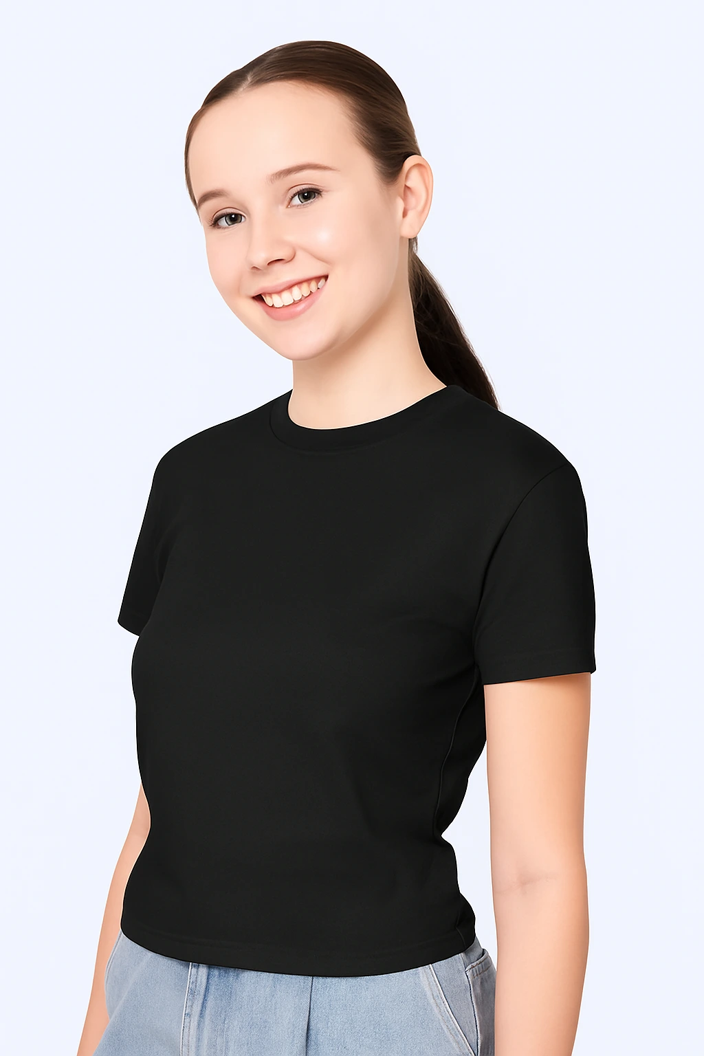 Resillie8 Black Women Regular Fit T-shirt featuring a classic crew neck, straight hem, and relaxed fit, crafted from a soft cotton-polyester blend for breathable comfort, wrinkle resistance, and everyday durability.