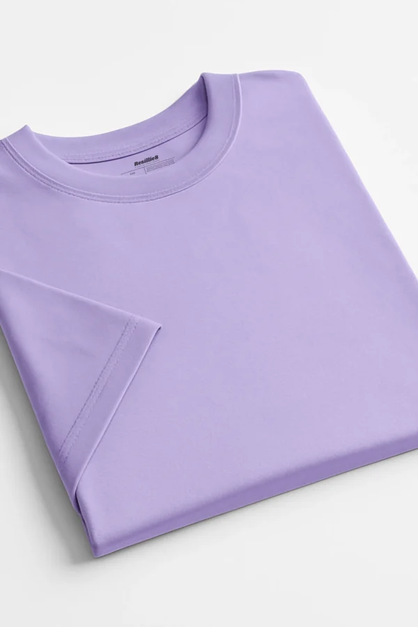 Resillie8 Lavender Men’s Regular Fit T-shirt displayed front-facing on a model. The t-shirt features a soft cotton-polyester blend fabric with a smooth finish, ribbed crew neckline, short sleeves, and a straight-cut hem. Designed for comfort and everyday wear with a modern, minimalist look in a calming lavender shade.