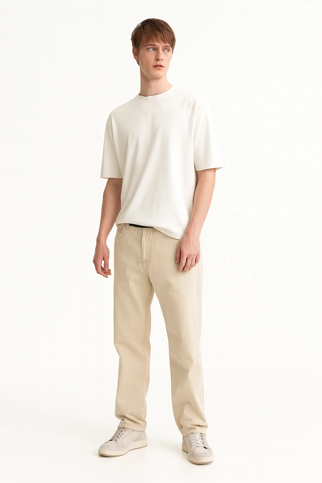 Resillie8 Beige Men Regular Fit T-Shirt featuring a soft cotton-polyester blend, ribbed neckline, straight-cut hem, and a flattering silhouette in a neutral beige tone for everyday comfort and style.