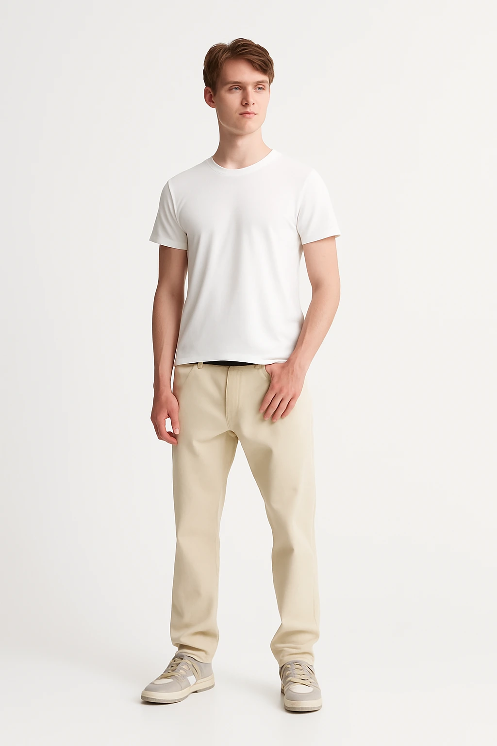 Resillie8 Beige Men Regular Fit T-Shirt featuring a soft cotton-polyester blend, ribbed neckline, straight-cut hem, and a flattering silhouette in a neutral beige tone for everyday comfort and style.