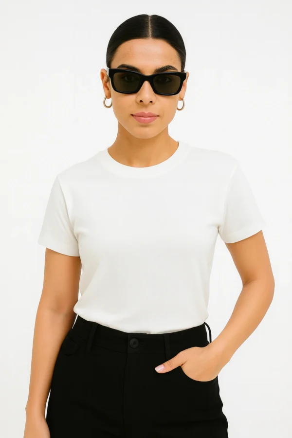 Resillie8 White Women’s Regular Fit T-Shirt featuring a soft cotton-polyester blend, ribbed neckline, and straight-cut hem, offering a breathable, timeless design for everyday comfort and style.