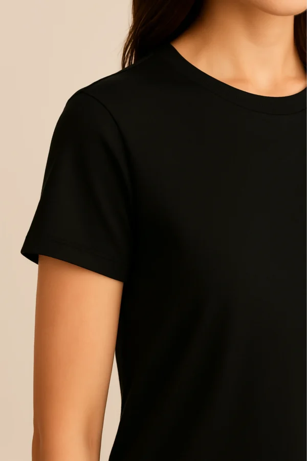 Resillie8 Black Women’s Regular Fit T-Shirt made from a soft cotton-polyester blend, featuring a ribbed neckline, straight-cut hem, and a flattering silhouette for a sleek, everyday look.
