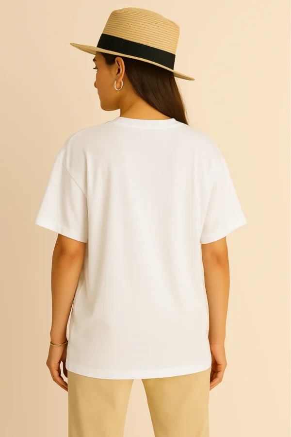 Resillie8 White Women’s Oversized T-Shirt featuring soft cotton-polyester fabric, relaxed dropped shoulders, ribbed crew neckline, and straight-cut hem—designed for breathable comfort and casual-chic style.