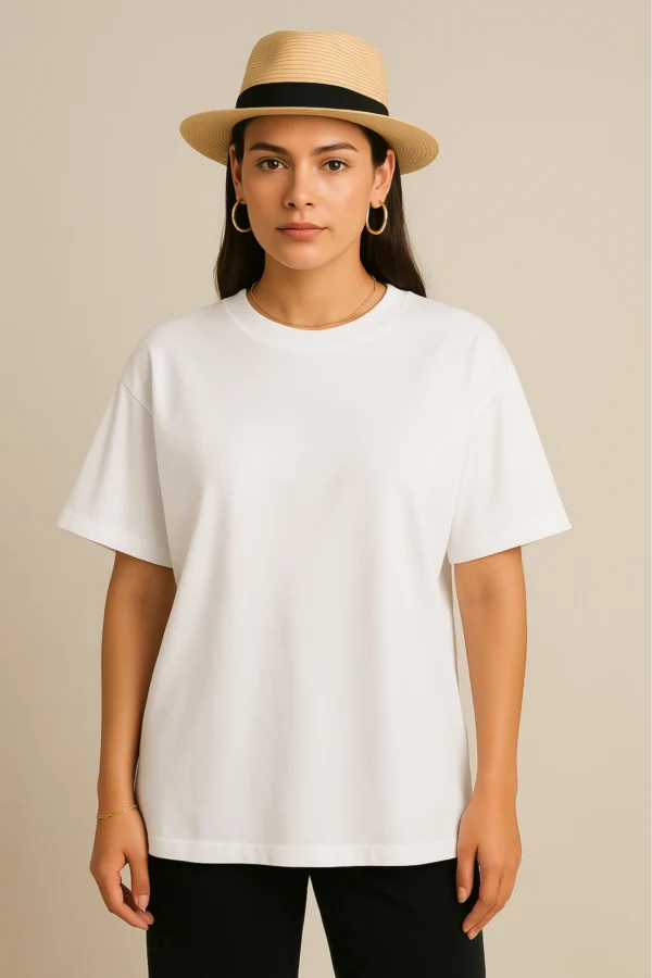 Resillie8 White Women’s Oversized T-Shirt featuring soft cotton-polyester fabric, relaxed dropped shoulders, ribbed crew neckline, and straight-cut hem—designed for breathable comfort and casual-chic style.