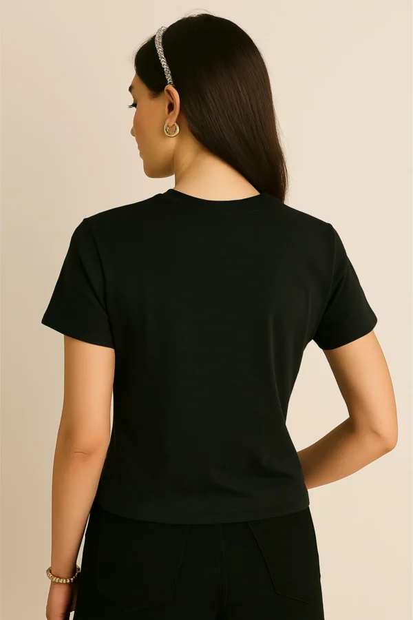 Resillie8 Black Women’s Regular Fit T-Shirt made from a soft cotton-polyester blend, featuring a ribbed neckline, straight-cut hem, and a flattering silhouette for a sleek, everyday look.