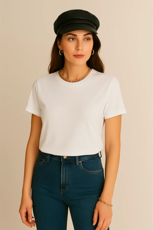 Resillie8 White Women’s Regular Fit T-Shirt featuring a soft cotton-polyester blend, ribbed neckline, and straight-cut hem, offering a breathable, timeless design for everyday comfort and style.