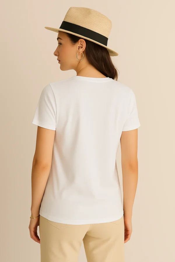 Resillie8 White Women’s Regular Fit T-Shirt featuring a soft cotton-polyester blend, ribbed neckline, and straight-cut hem, offering a breathable, timeless design for everyday comfort and style.