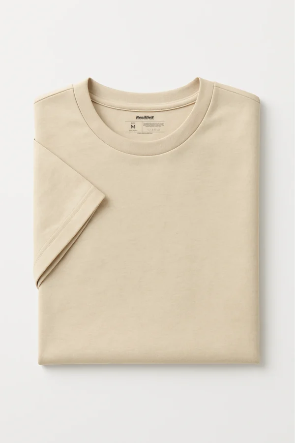 Resillie8 Beige Women’s Regular Fit T-Shirt featuring a soft cotton-polyester blend, ribbed neckline, straight-cut hem, and a flattering silhouette in a neutral beige tone for everyday comfort and style.