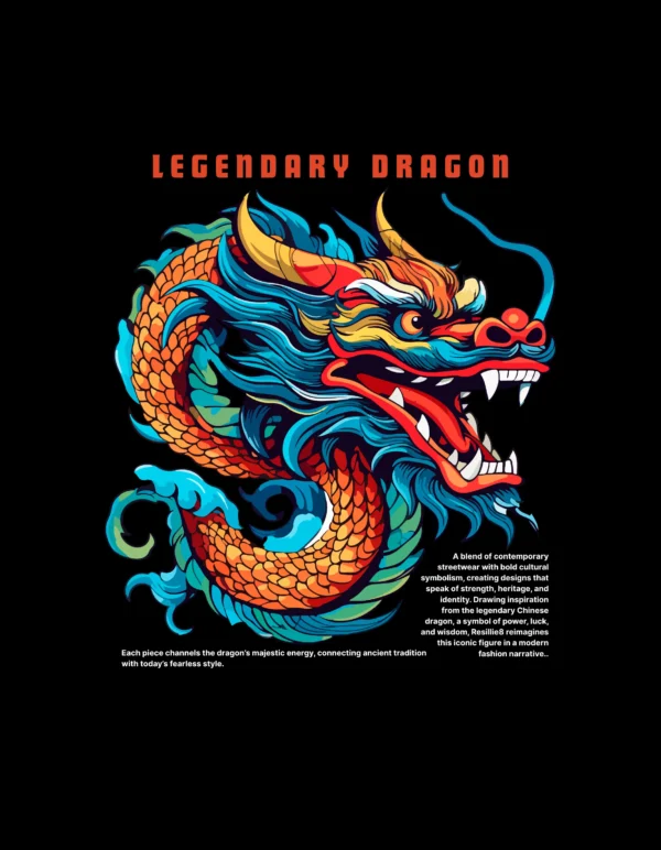 A blend of contemporary streetwear with bold cultural symbolism, creating designs that speak of strength, heritage, and identity. Drawing inspiration from the legendary Chinese dragon, a symbol of power, luck, and wisdom, Resillie8 reimagines this iconic figure in a modern fashion narrative..