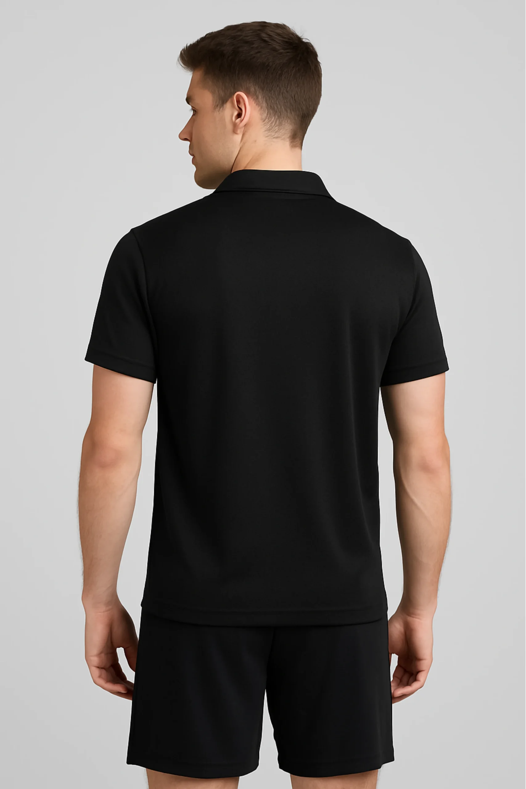 Resillie8 Black Dry Fit Short Sleeve Polo T-Shirt featuring moisture-wicking, breathable fabric with a classic collared design, offering a sleek, athletic fit for everyday and active wear
