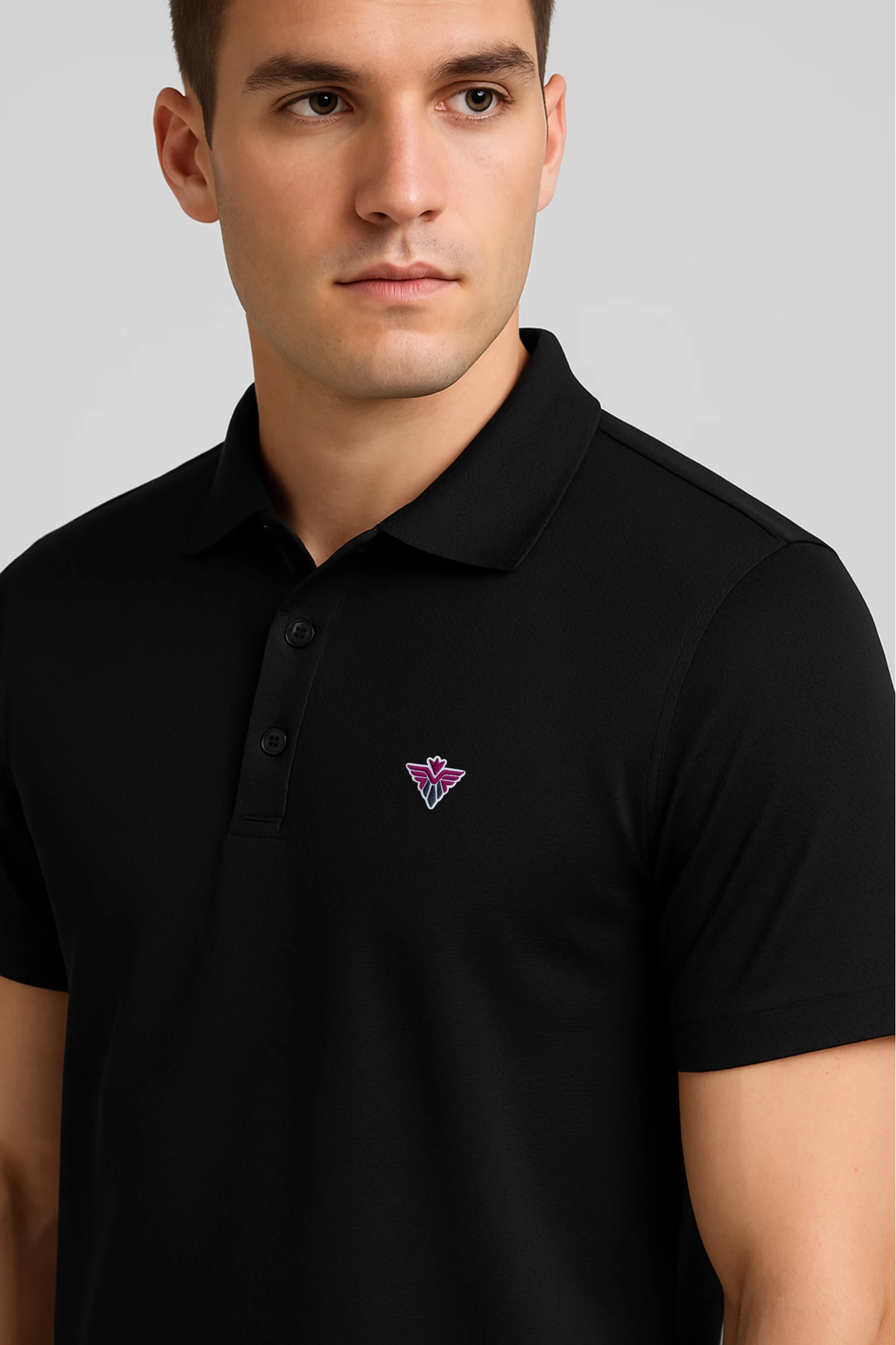 Resillie8 Black Dry Fit Short Sleeve Polo T-Shirt featuring moisture-wicking, breathable fabric with a classic collared design, offering a sleek, athletic fit for everyday and active wear
