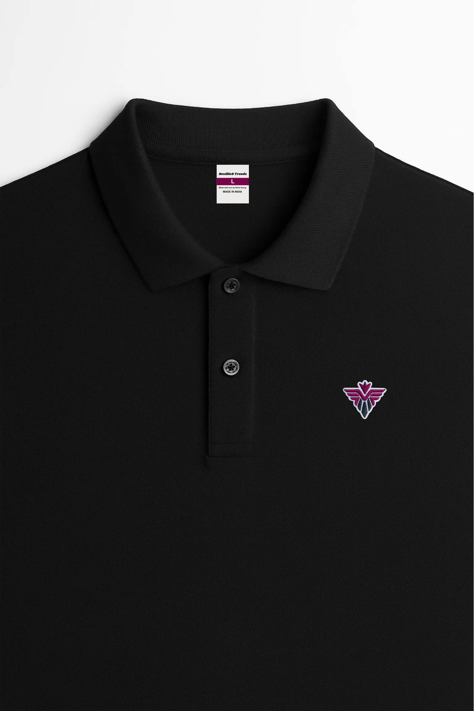 Resillie8 Black Dry Fit Short Sleeve Polo T-Shirt featuring moisture-wicking, breathable fabric with a classic collared design, offering a sleek, athletic fit for everyday and active wear