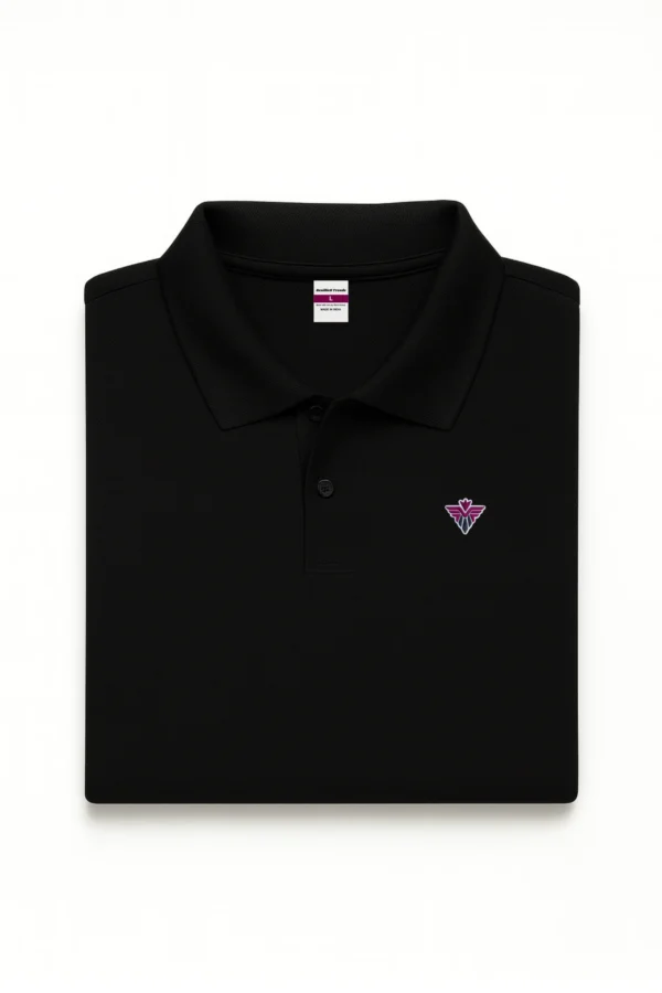 Resillie8 Black Dry Fit Short Sleeve Polo T-Shirt featuring moisture-wicking, breathable fabric with a classic collared design, offering a sleek, athletic fit for everyday and active wear