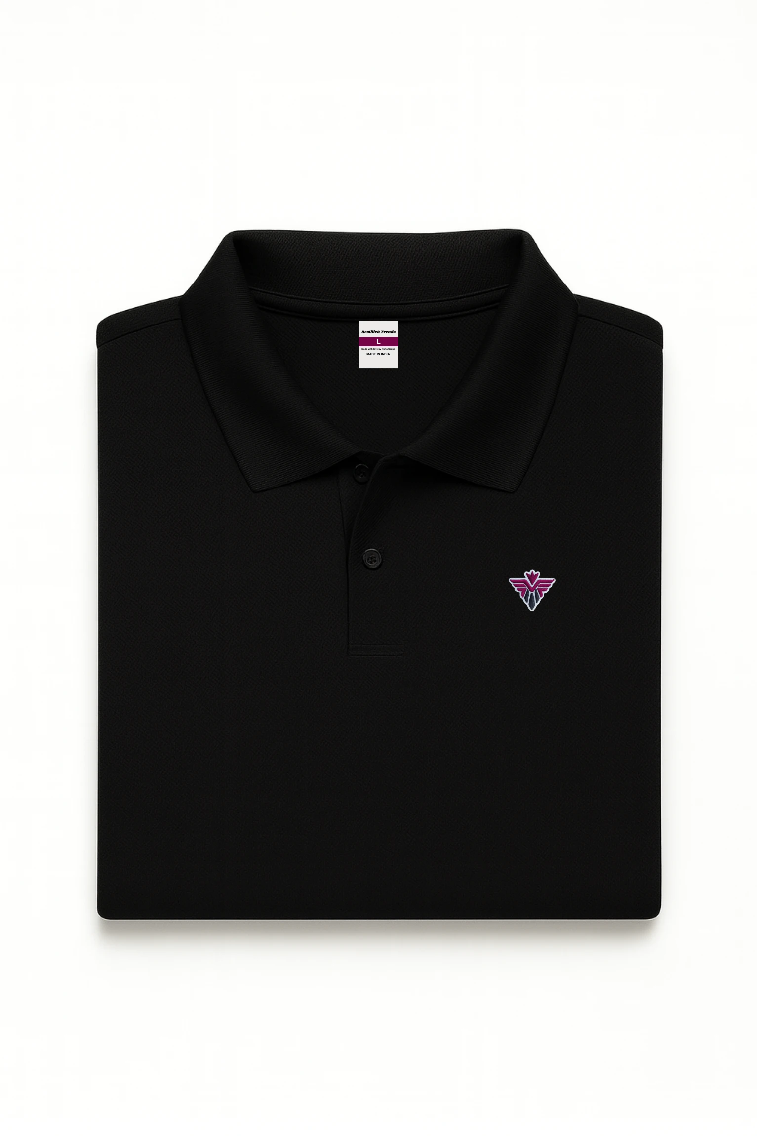 Resillie8 Black Dry Fit Short Sleeve Polo T-Shirt featuring moisture-wicking, breathable fabric with a classic collared design, offering a sleek, athletic fit for everyday and active wear