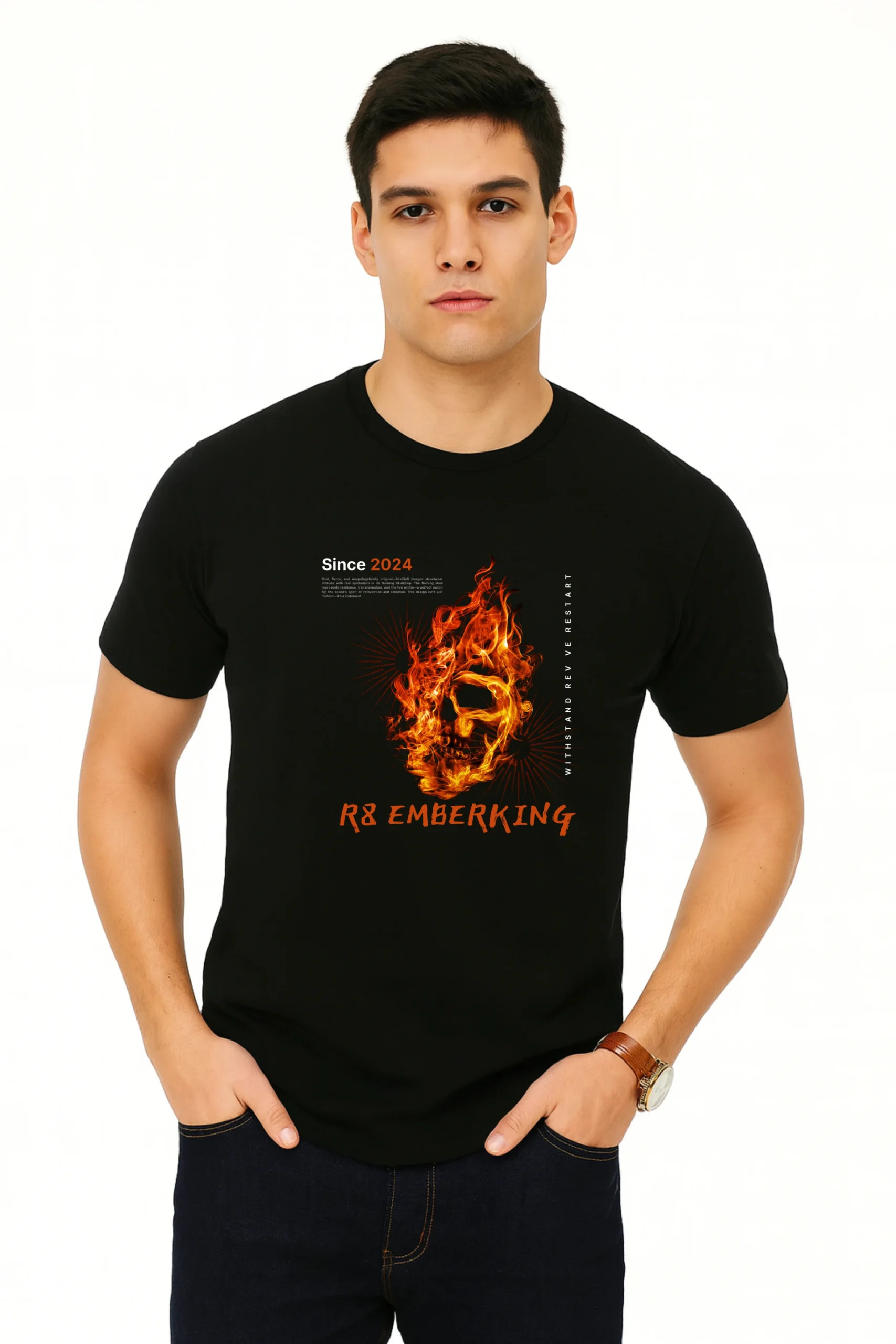 R8 Emberking printed regular fit t-shirt made from soft 180 GSM single jersey cotton-poly blend fabric with breathable comfort and durable everyday style