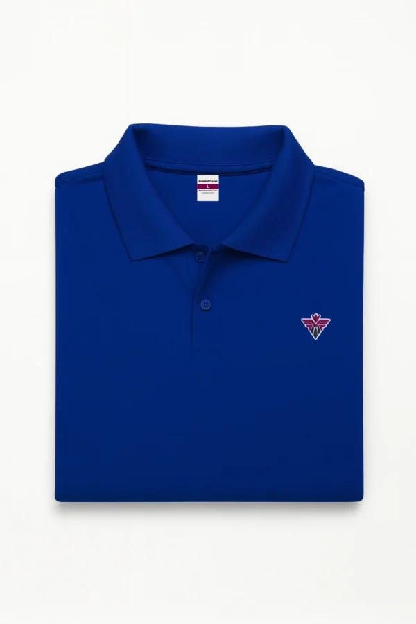 Royal blue dry-fit sports polo t-shirt made from premium micro-poly fabric with breathable dot knit texture at 170 GSM for comfort and performance.