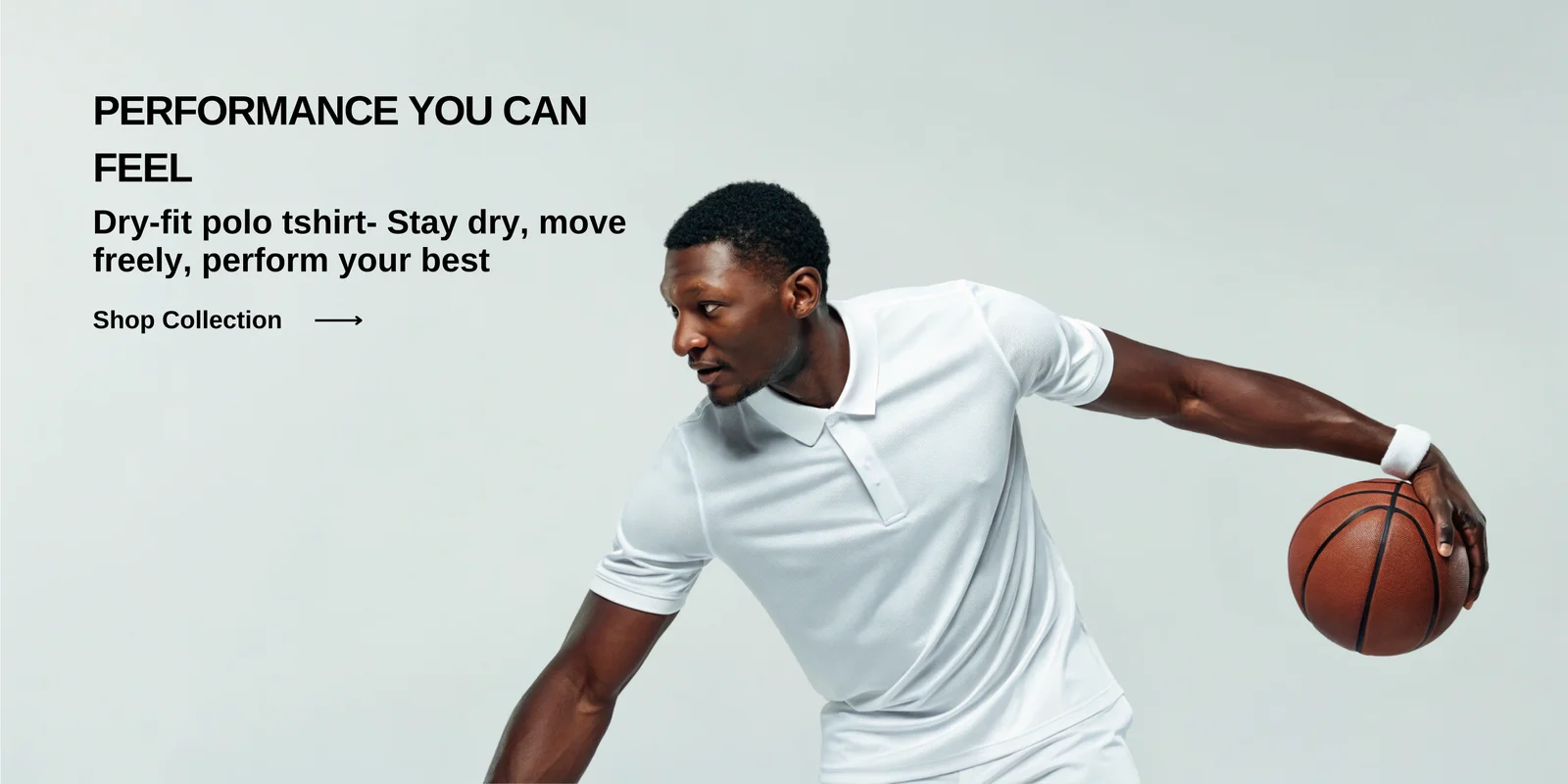 A model wearing a performance Dri-FIT polo T-shirt, designed for breathability and movement, with text overlay that reads "Performance you can feel – Stay dry, move freely, perform your best.