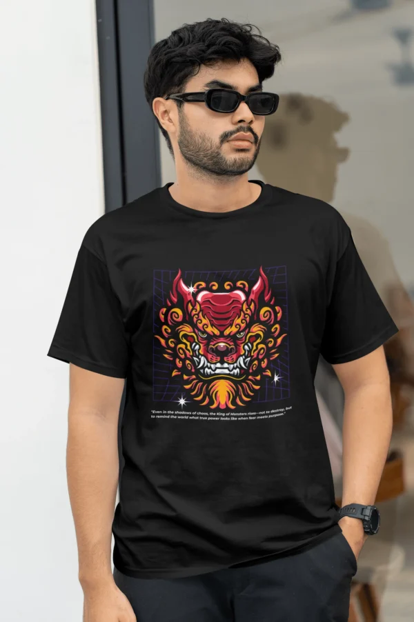 Black "King of Monsters" graphic T-shirt with bold monster illustration, made from 100% bio-washed cotton, 180 GSM, featuring Lycra ribbed neck.