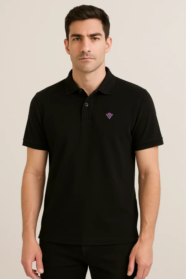 Black polo t-shirt made from premium cotton blend double piqué fabric with short sleeves, buttoned collar, and regular fit