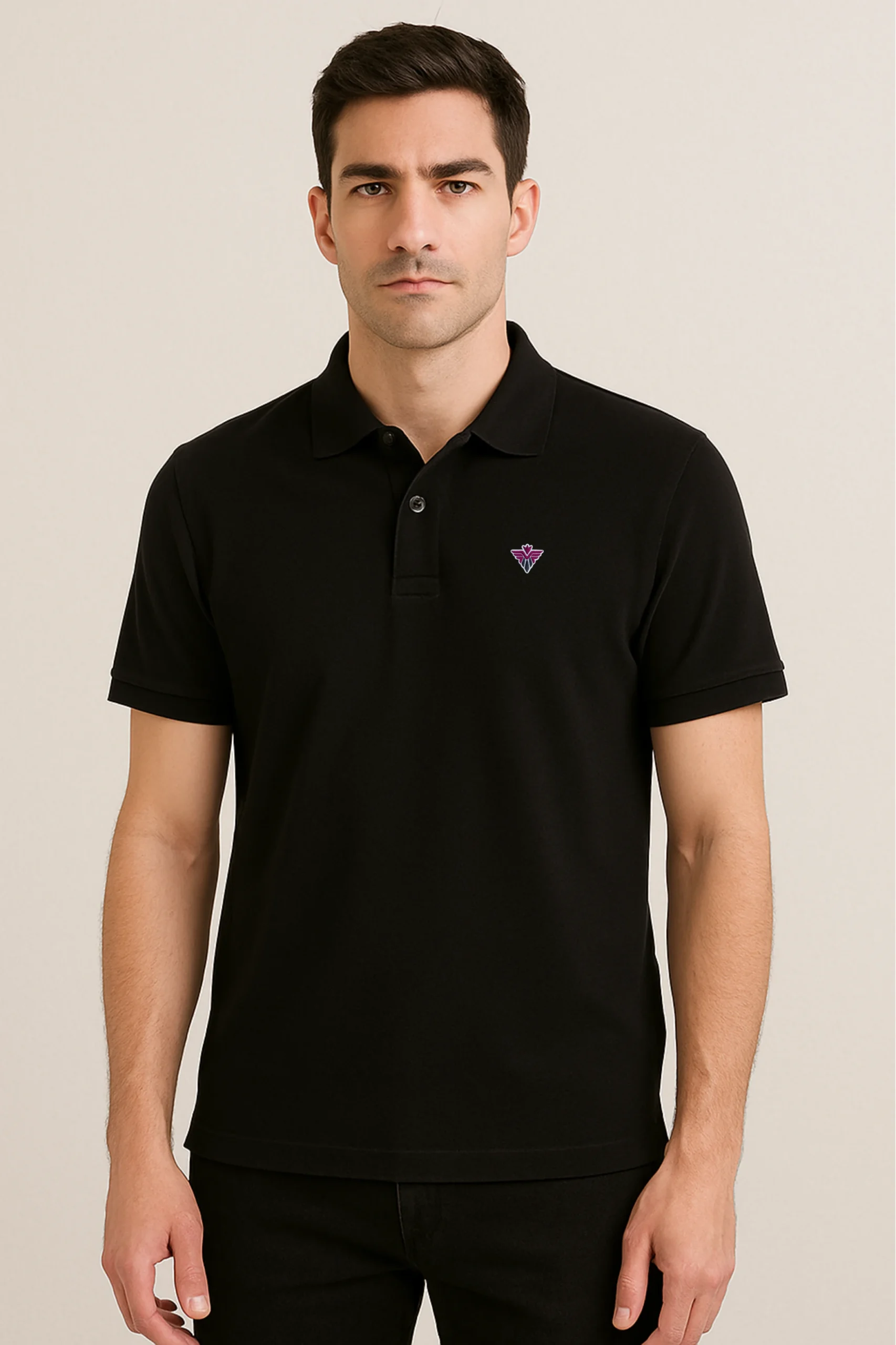 Black polo t-shirt made from premium cotton blend double piqué fabric with short sleeves, buttoned collar, and regular fit
