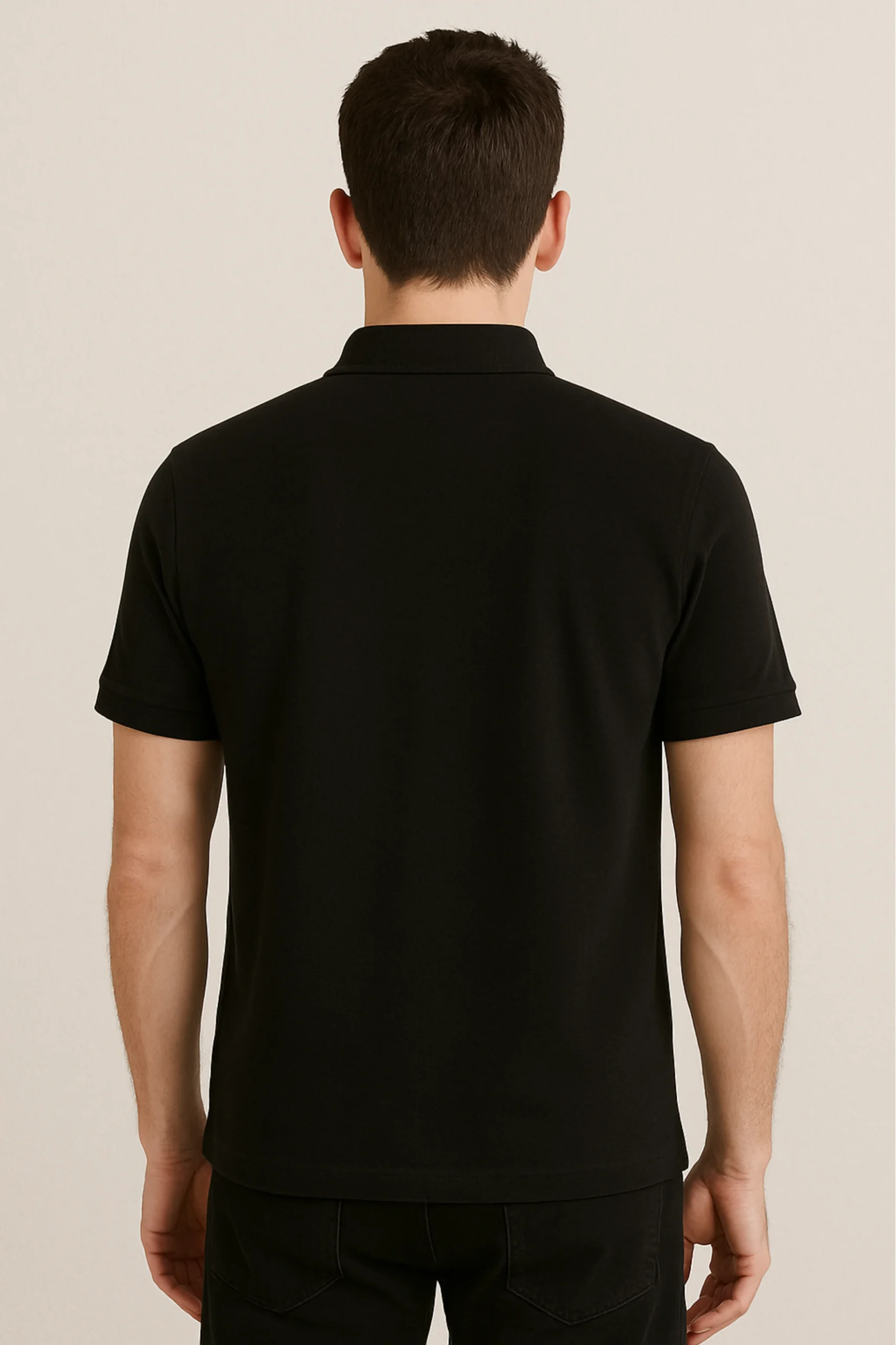Black polo t-shirt made from premium cotton blend double piqué fabric with short sleeves, buttoned collar, and regular fit