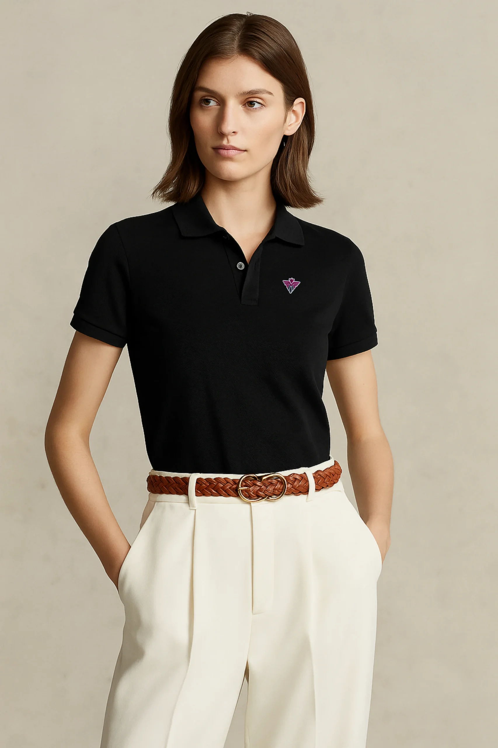 Black polo t-shirt made from premium cotton blend double piqué fabric with short sleeves, buttoned collar, and regular fit