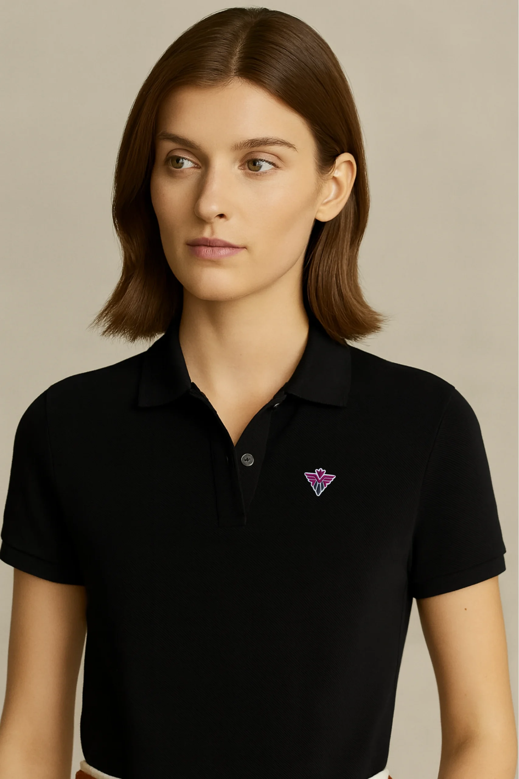 Black polo t-shirt made from premium cotton blend double piqué fabric with short sleeves, buttoned collar, and regular fit