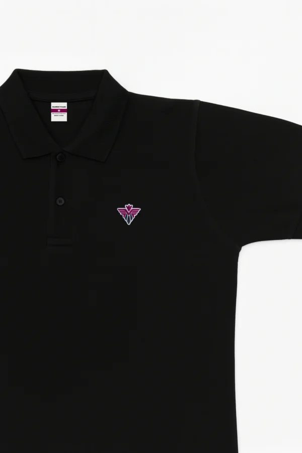 Black polo t-shirt made from premium cotton blend double piqué fabric with short sleeves, buttoned collar, and regular fit
