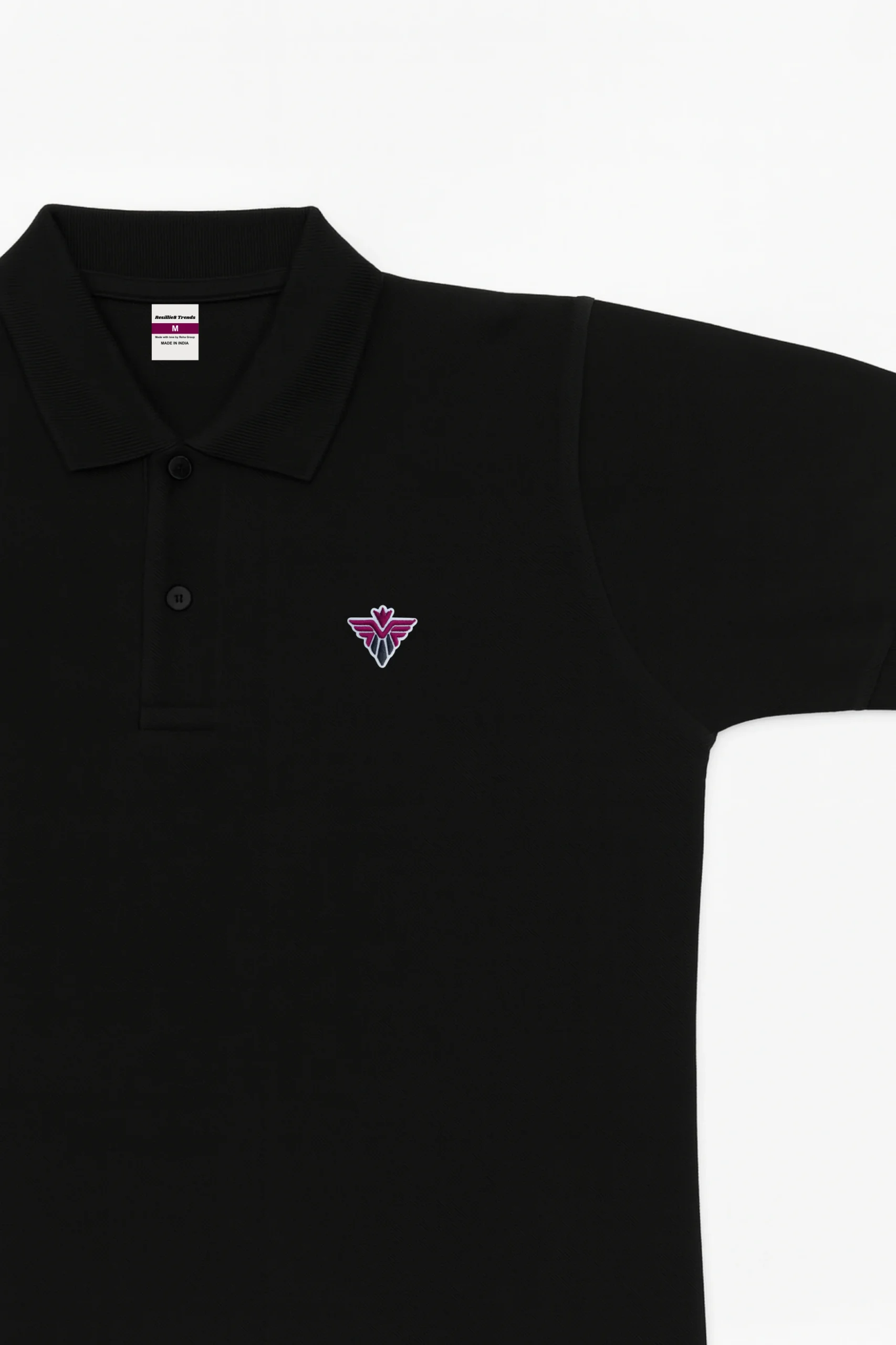 Black polo t-shirt made from premium cotton blend double piqué fabric with short sleeves, buttoned collar, and regular fit