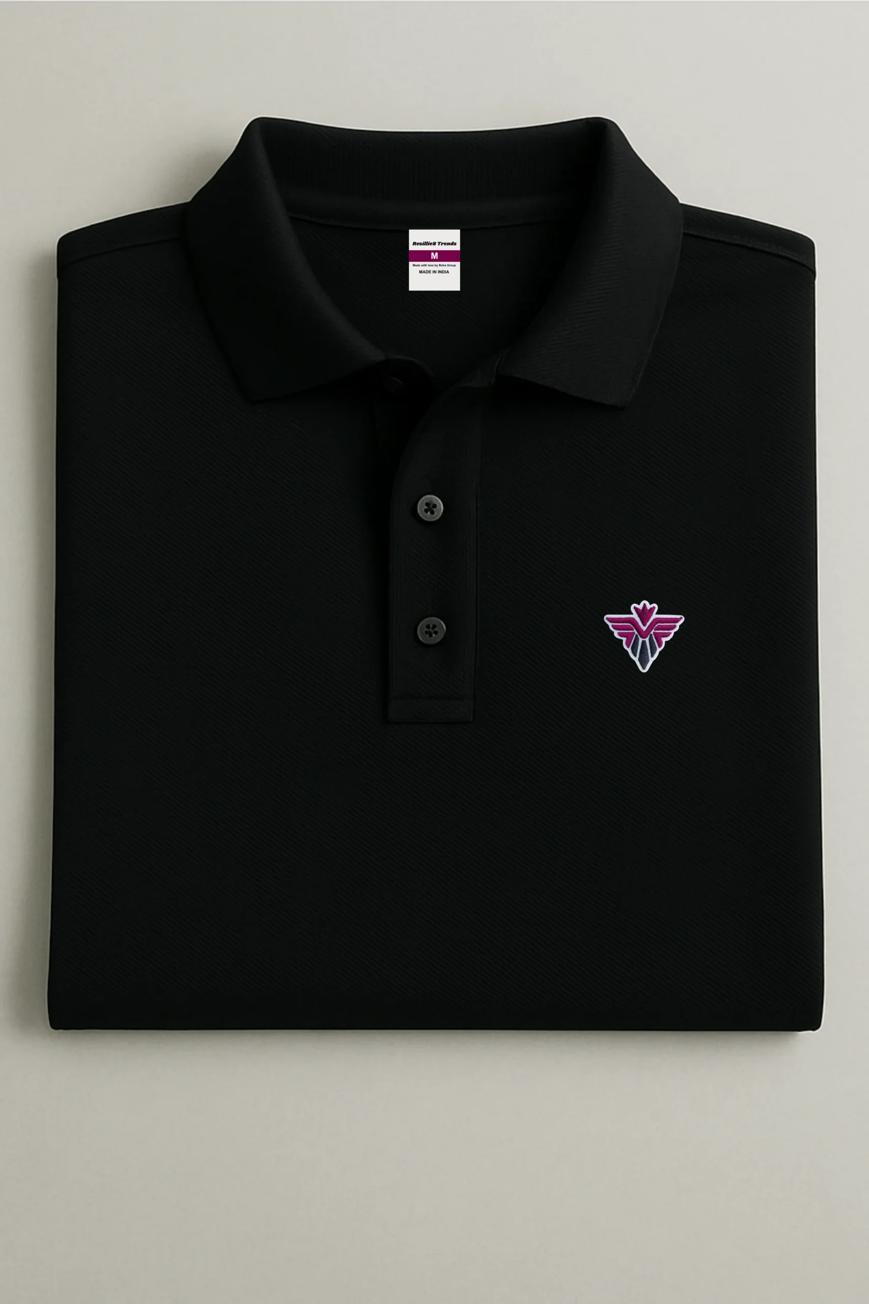 Black polo t-shirt made from premium cotton blend double piqué fabric with short sleeves, buttoned collar, and regular fit
