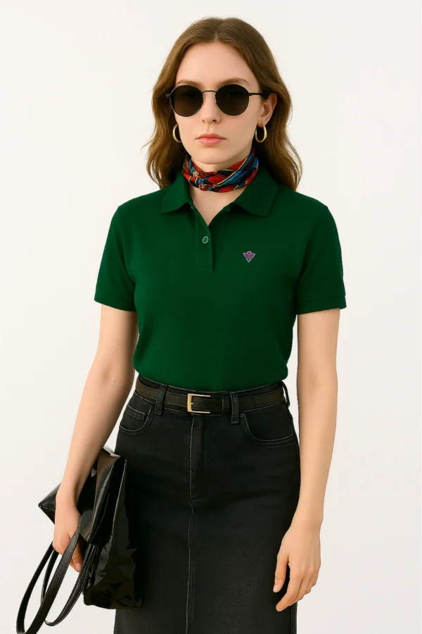 Dark green polo t-shirt crafted from premium cotton blend double piqué fabric with short sleeves, buttoned collar, and regular fit.
