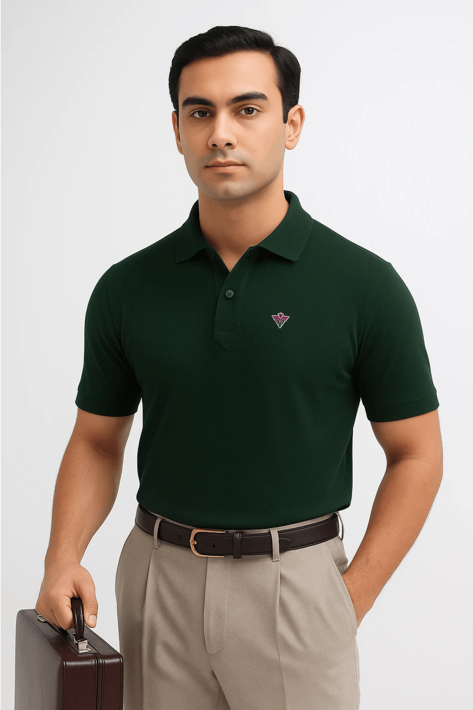 Dark green polo t-shirt crafted from premium cotton blend double piqué fabric with short sleeves, buttoned collar, and regular fit.