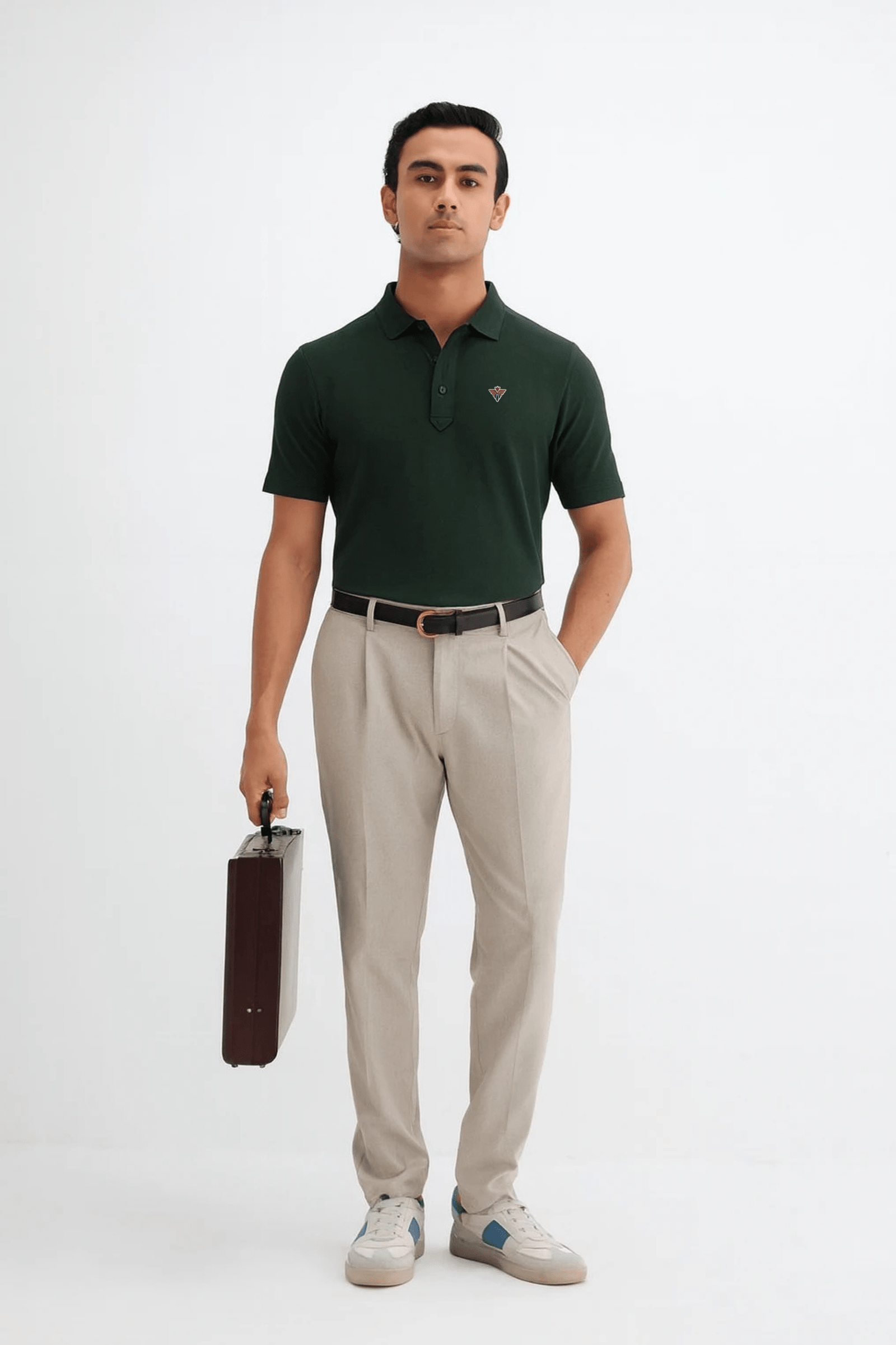 Dark green polo t-shirt crafted from premium cotton blend double piqué fabric with short sleeves, buttoned collar, and regular fit.