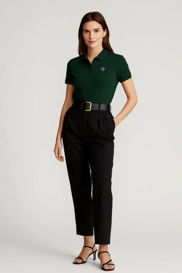Dark green polo t-shirt crafted from premium cotton blend double piqué fabric with short sleeves, buttoned collar, and regular fit.